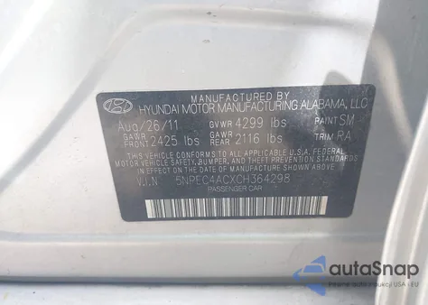 2012 Hyundai Sonata Se z USA, uszkodzony, nr VIN 5NPEC4ACXCH364298